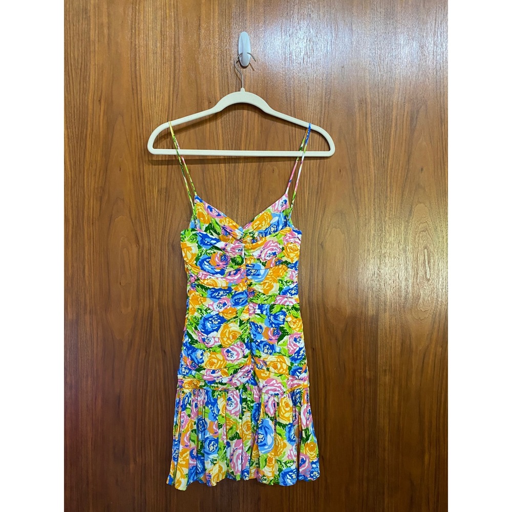 Zara Womens Floral Ruched Mini Dress Multicolor Rose Print V-Neck Size S